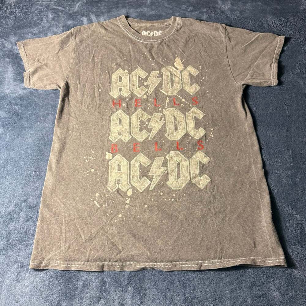 AC/DC Hells Bells Triple Logo Splatter Graphic Band T-Shirt Size S/M Brown